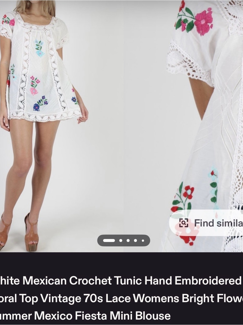White Mexican Crochet Tunic with Bright Floral Embroidery, Vintage.